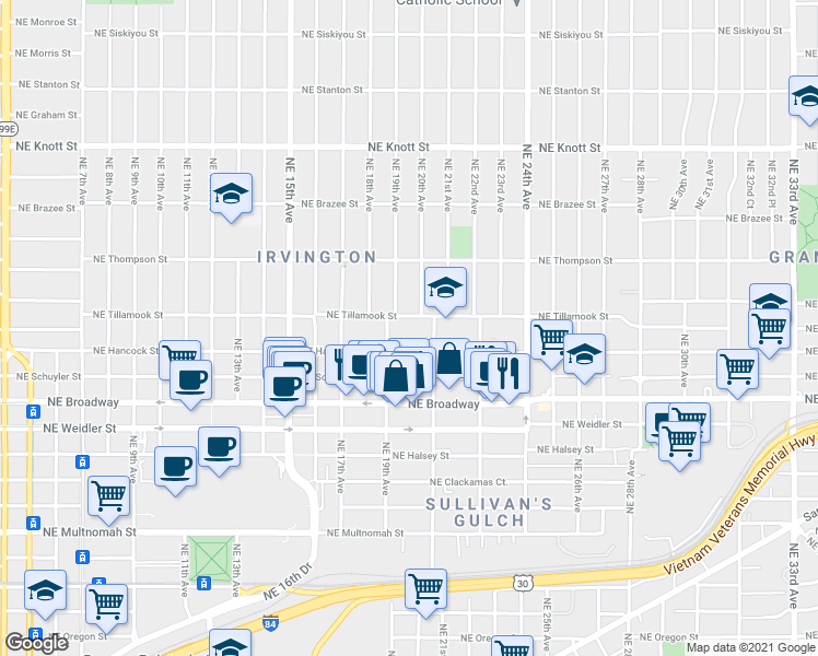 map of restaurants, bars, coffee shops, grocery stores, and more near 1932 Northeast Tillamook Street in Portland