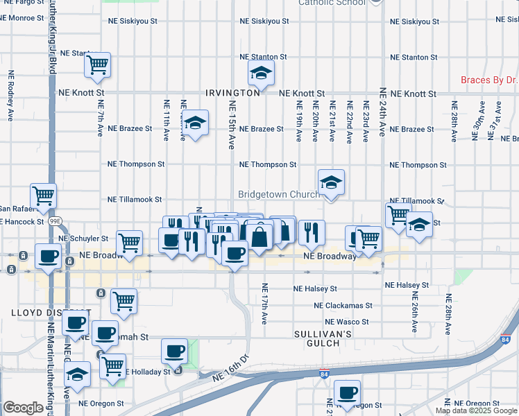 map of restaurants, bars, coffee shops, grocery stores, and more near 2004 Northeast 16th Avenue in Portland