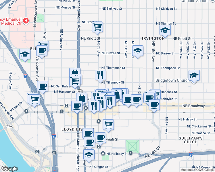map of restaurants, bars, coffee shops, grocery stores, and more near 2007 Northeast 8th Avenue in Portland