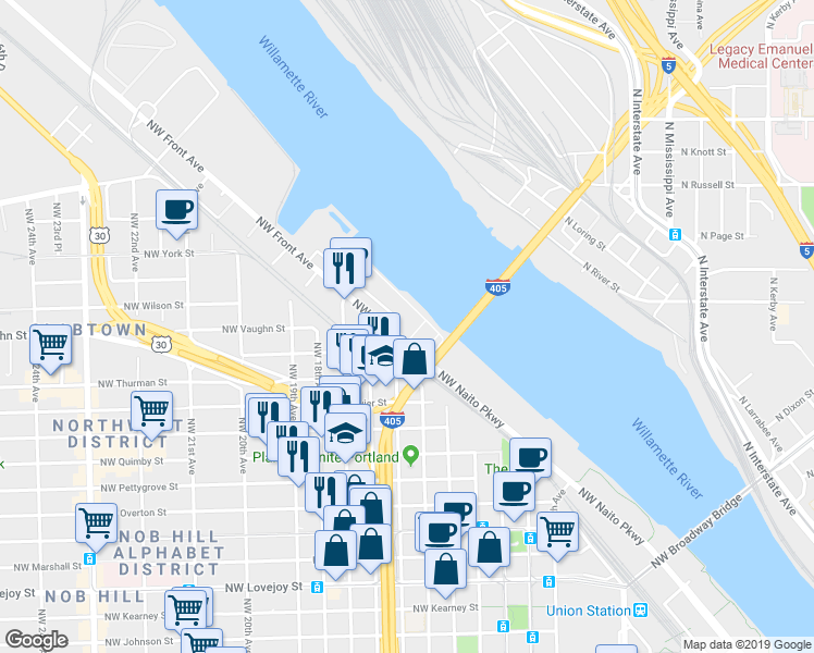 map of restaurants, bars, coffee shops, grocery stores, and more near 2046 Northwest 16th Avenue in Portland