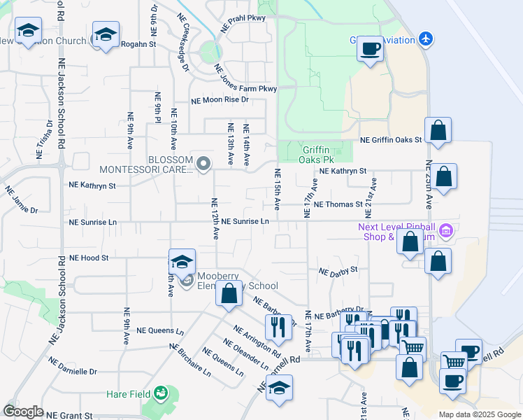 map of restaurants, bars, coffee shops, grocery stores, and more near 1459 Northeast Sunrise Lane in Hillsboro
