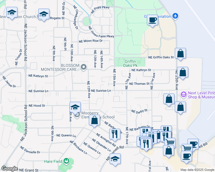 map of restaurants, bars, coffee shops, grocery stores, and more near 1459 Northeast Sunrise Lane in Hillsboro