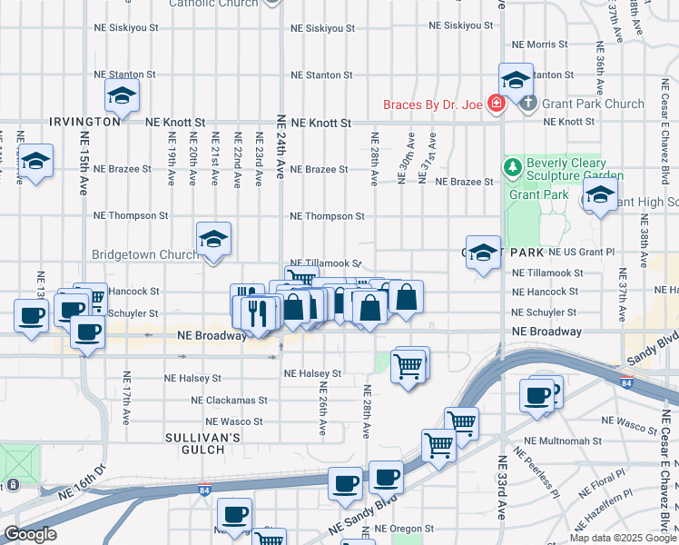 map of restaurants, bars, coffee shops, grocery stores, and more near 2015 Northeast 27th Avenue in Portland