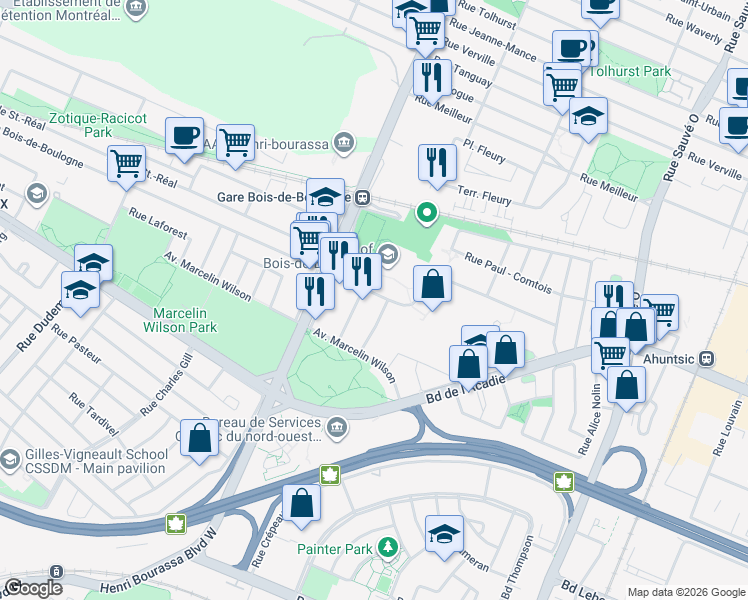 map of restaurants, bars, coffee shops, grocery stores, and more near 10600 Avenue de Bois-de-Boulogne in Montrã©Al