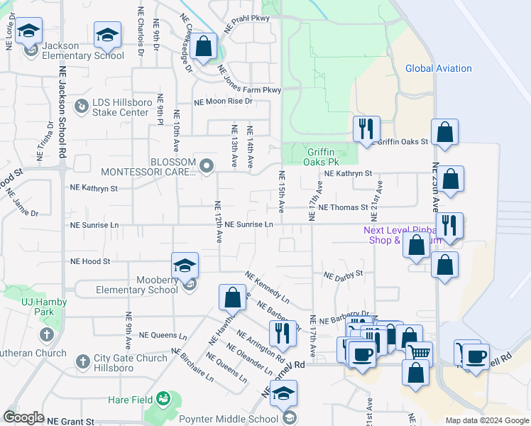 map of restaurants, bars, coffee shops, grocery stores, and more near 1448 Northeast Thomas Court in Hillsboro
