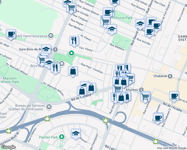 map of restaurants, bars, coffee shops, grocery stores, and more near 10205 Avenue de Bois-de-Boulogne in Montreal