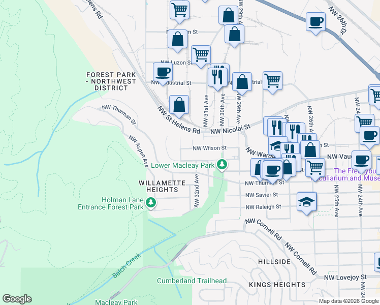 map of restaurants, bars, coffee shops, grocery stores, and more near 3148 Northwest Wilson Street in Portland