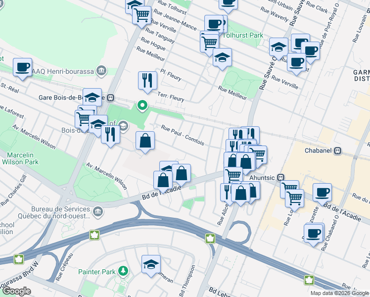 map of restaurants, bars, coffee shops, grocery stores, and more near 10205 Avenue de Bois-de-Boulogne in Montreal