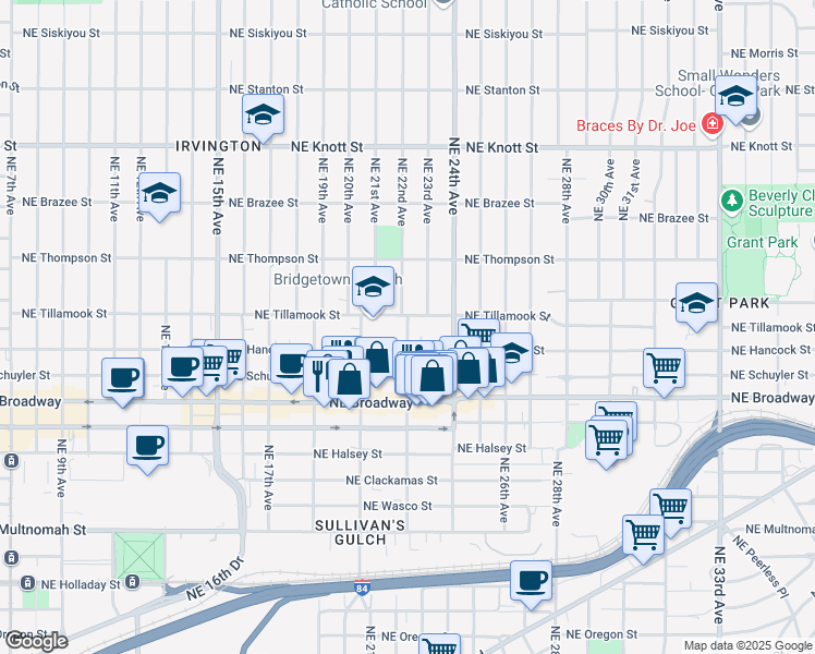 map of restaurants, bars, coffee shops, grocery stores, and more near 2010 Northeast 22nd Avenue in Portland