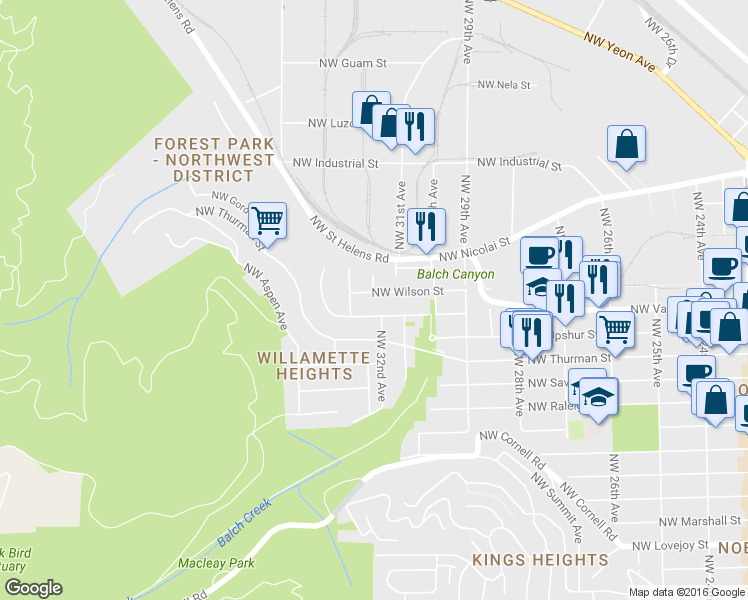 map of restaurants, bars, coffee shops, grocery stores, and more near 3148 NW Wilson St in Portland