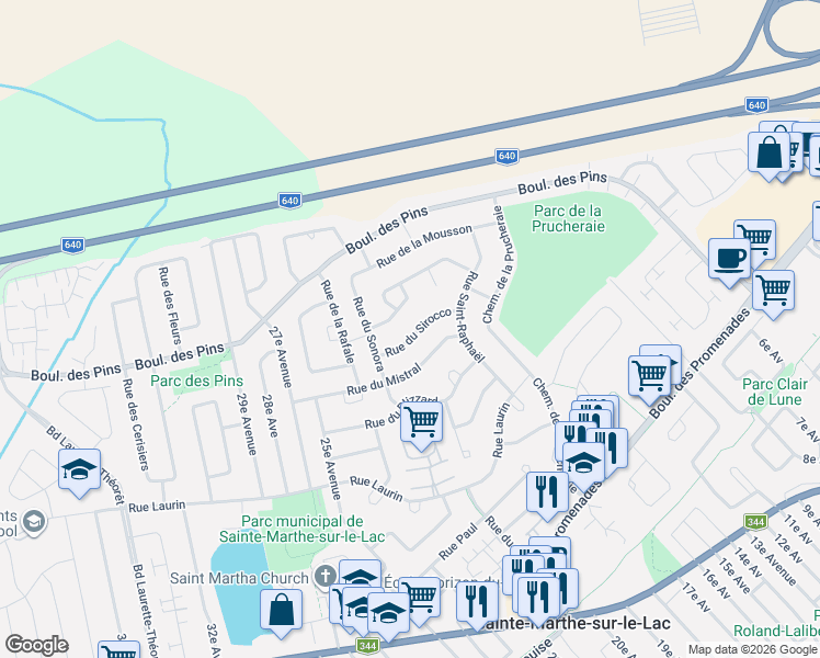map of restaurants, bars, coffee shops, grocery stores, and more near 3047 Rue du Sirocco in Sainte-Marthe-sur-le-Lac