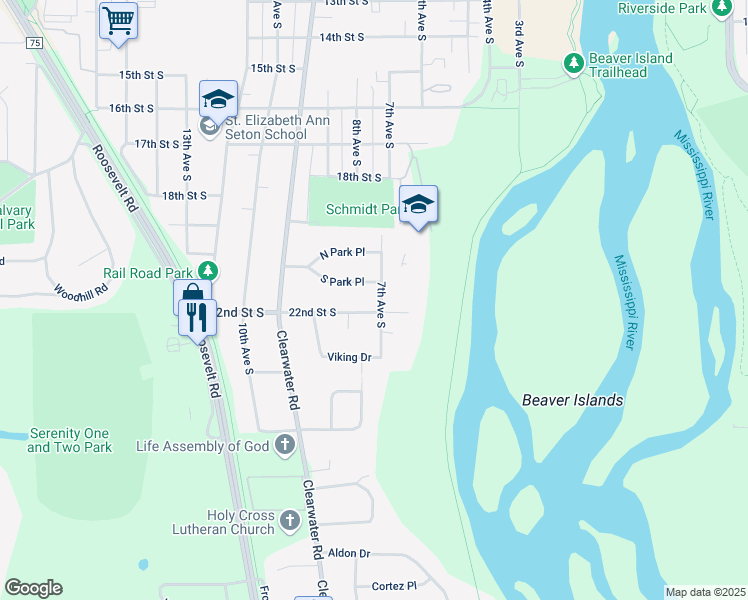 map of restaurants, bars, coffee shops, grocery stores, and more near 2115 7th Avenue South in St. Cloud