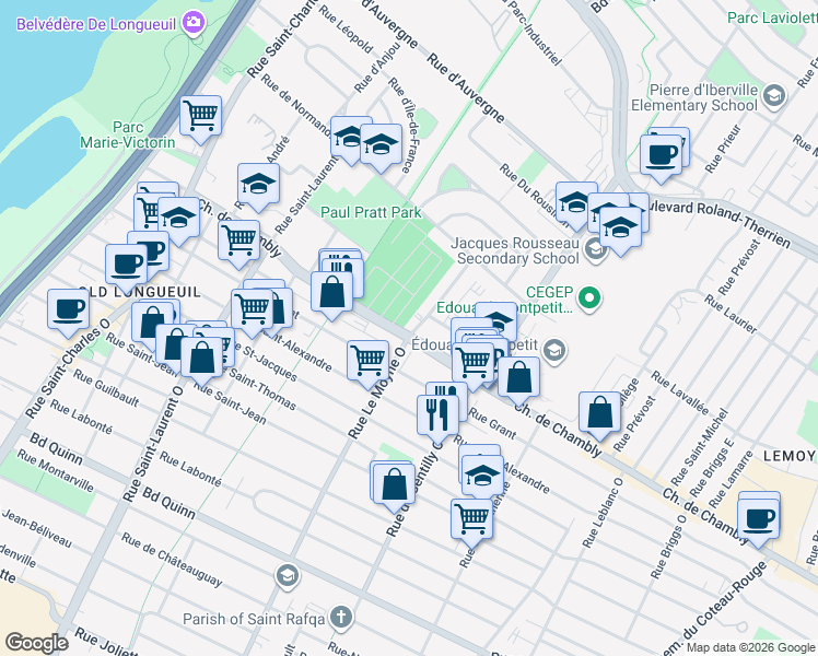 map of restaurants, bars, coffee shops, grocery stores, and more near 25 Rue Le Moyne Est in Longueuil
