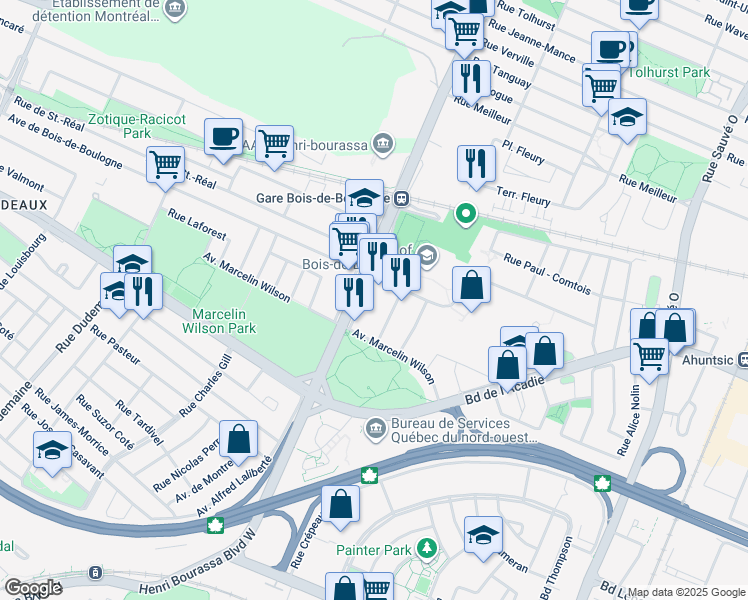 map of restaurants, bars, coffee shops, grocery stores, and more near 1540 Henri Bourassa Boulevard West in Montreal
