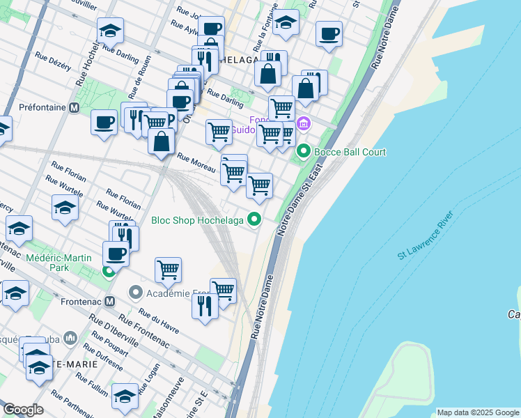 map of restaurants, bars, coffee shops, grocery stores, and more near 3035 Rue Sainte-Catherine Est in Montréal