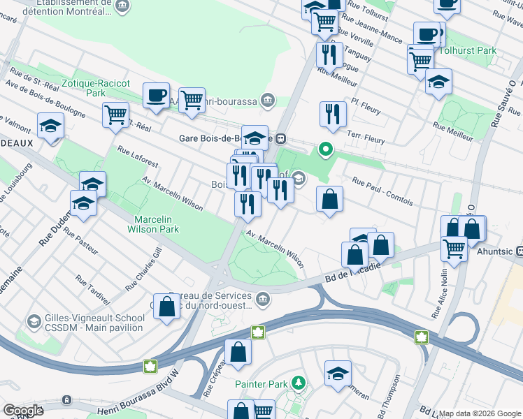 map of restaurants, bars, coffee shops, grocery stores, and more near 1550 Henri Bourassa Boulevard West in Montreal