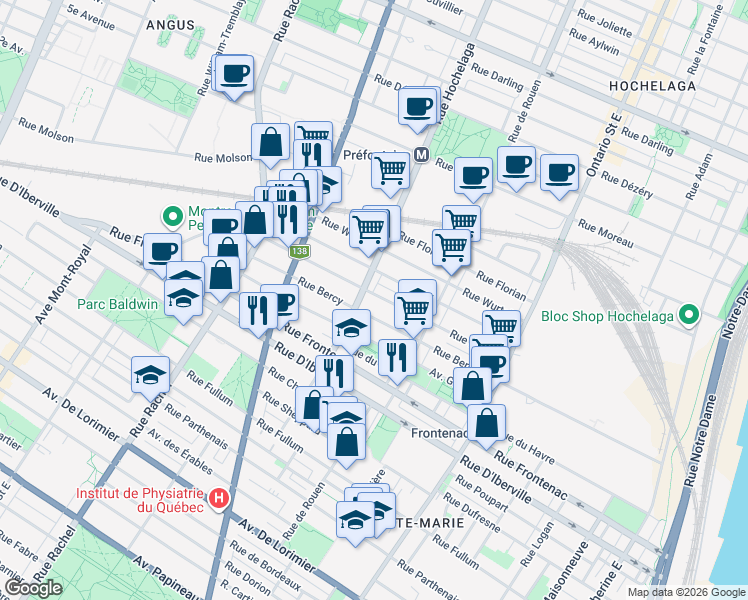 map of restaurants, bars, coffee shops, grocery stores, and more near 2402 Rue Hogan in Montréal