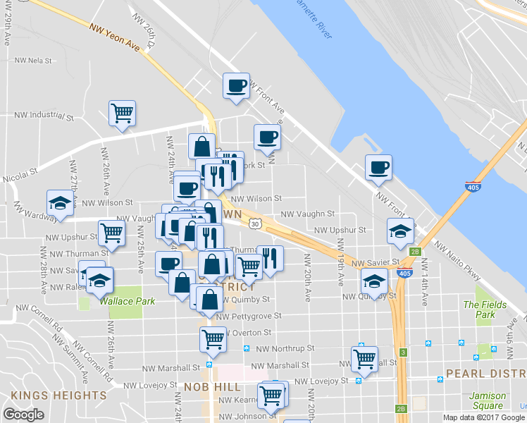 map of restaurants, bars, coffee shops, grocery stores, and more near 2123 Northwest Vaughn Street in Portland