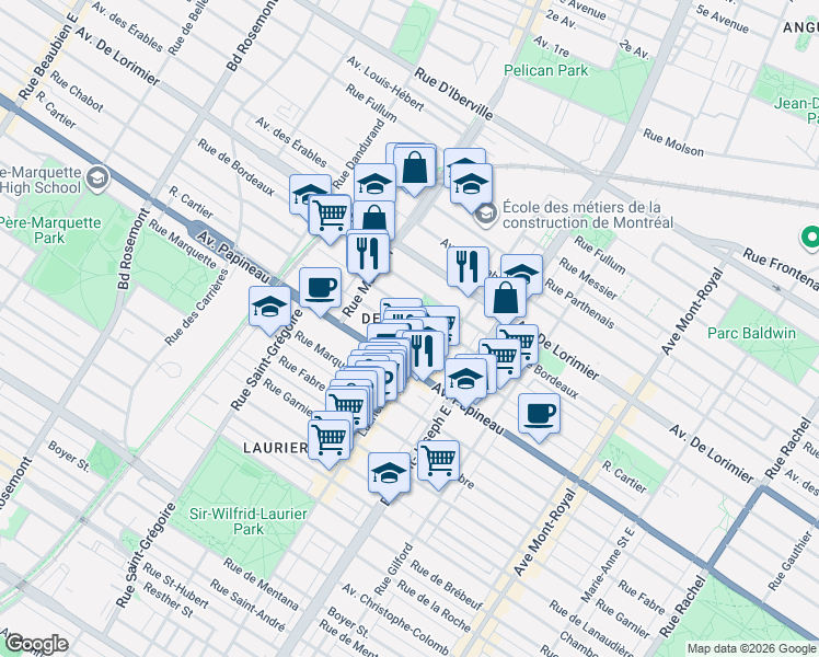 map of restaurants, bars, coffee shops, grocery stores, and more near 5185 Rue Cartier in Montréal