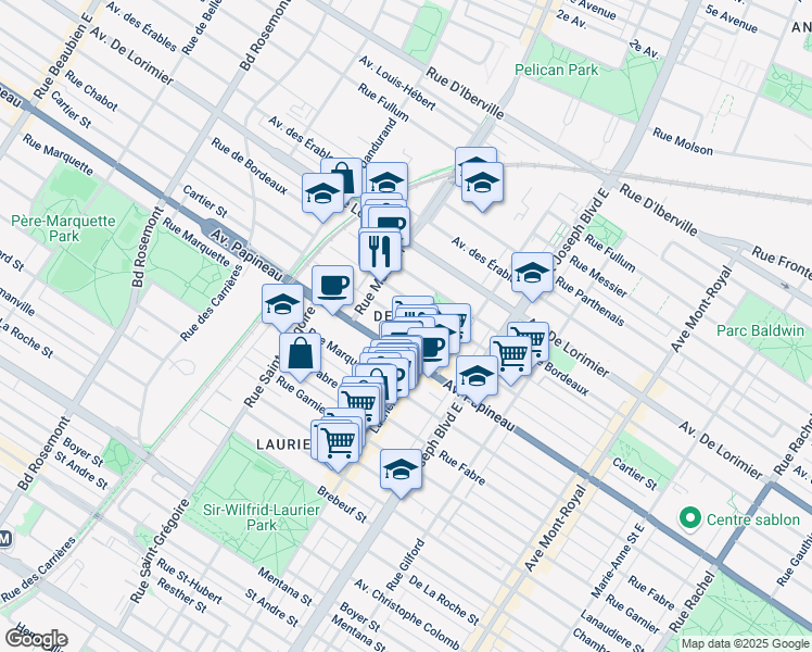 map of restaurants, bars, coffee shops, grocery stores, and more near 5248 Rue Cartier in Montréal