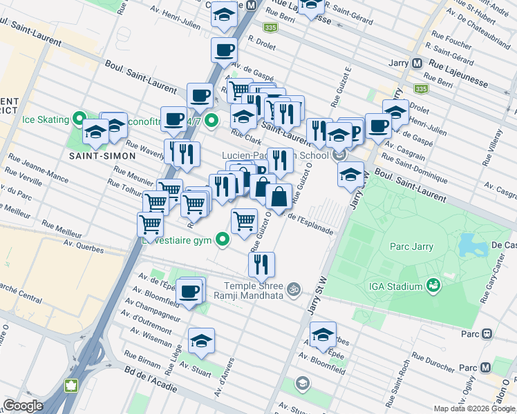 map of restaurants, bars, coffee shops, grocery stores, and more near 8484 Avenue de l'Esplanade in Montréal