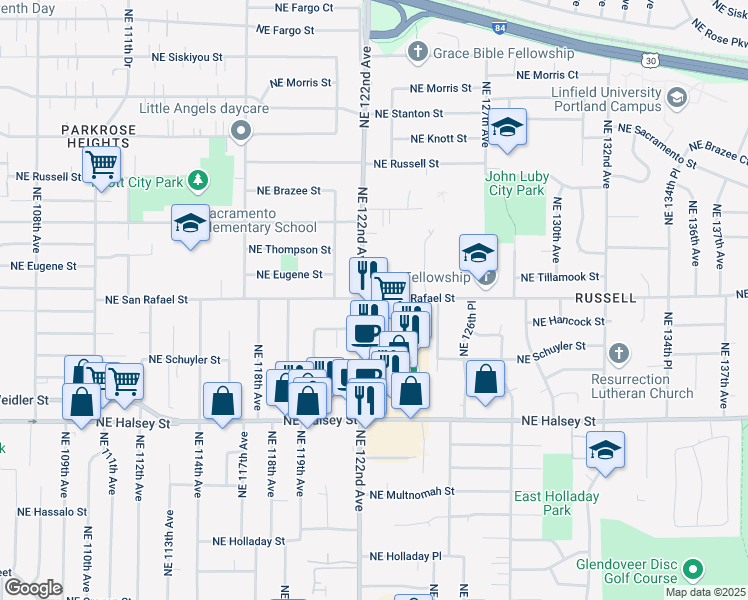 map of restaurants, bars, coffee shops, grocery stores, and more near 12424 Northeast San Rafael Street in Portland