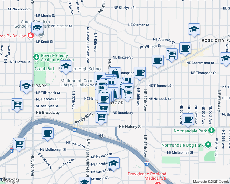 map of restaurants, bars, coffee shops, grocery stores, and more near 4233 NE Sandy Blvd in Portland