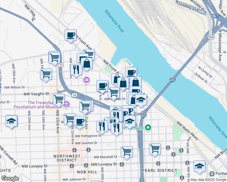 map of restaurants, bars, coffee shops, grocery stores, and more near 1891 Northwest Vaughn Street in Portland