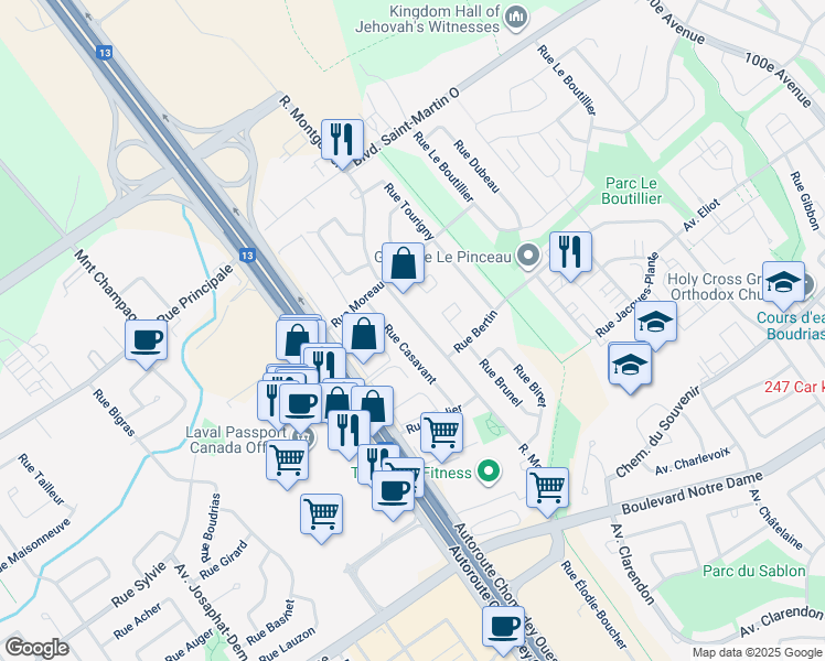 map of restaurants, bars, coffee shops, grocery stores, and more near 1140 Rue Montgolfier in Laval