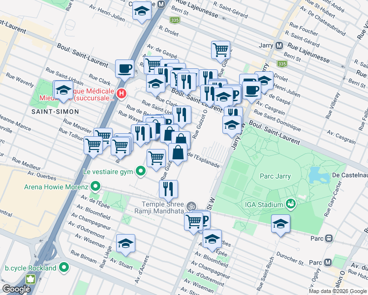 map of restaurants, bars, coffee shops, grocery stores, and more near 8323 Avenue de l'Esplanade in Montréal