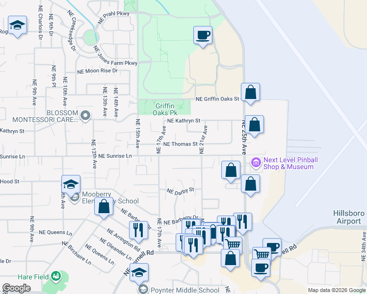 map of restaurants, bars, coffee shops, grocery stores, and more near 1920 Northeast Thomas Street in Hillsboro