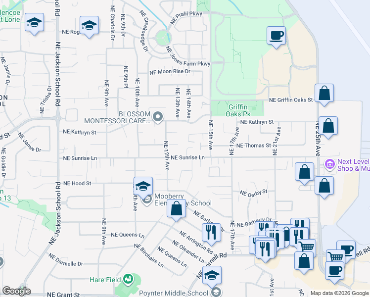 map of restaurants, bars, coffee shops, grocery stores, and more near 1327 Northeast Sunrise Lane in Hillsboro