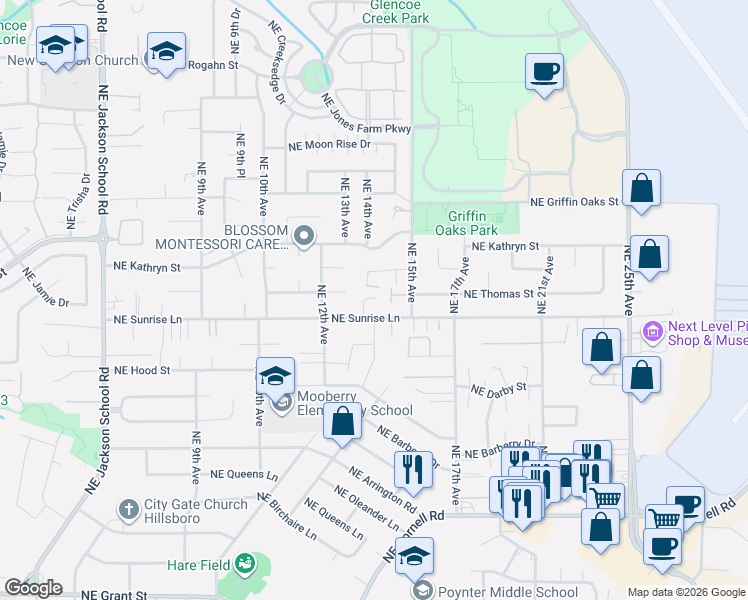 map of restaurants, bars, coffee shops, grocery stores, and more near 1325 Northeast Sunrise Lane in Hillsboro