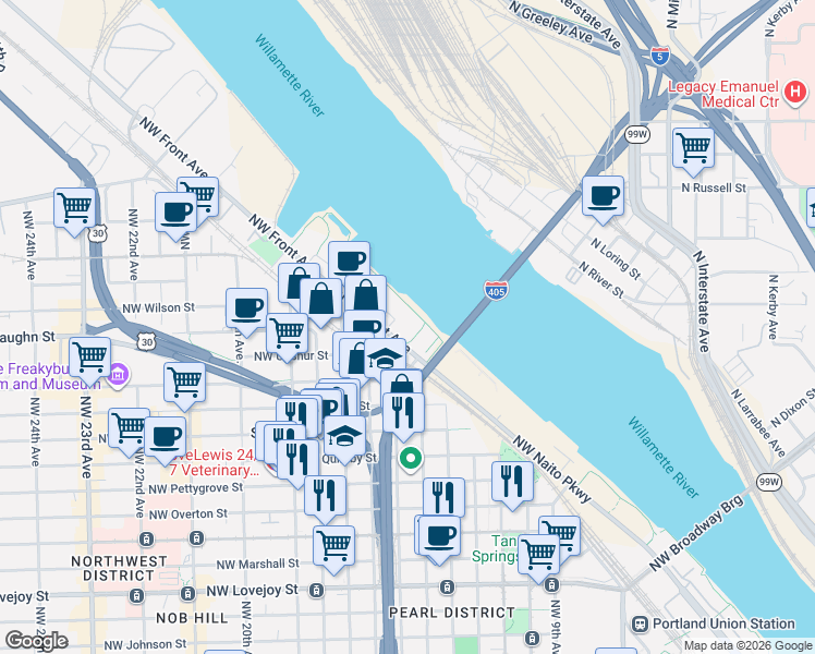 map of restaurants, bars, coffee shops, grocery stores, and more near 2140 Northwest 16th Avenue in Portland