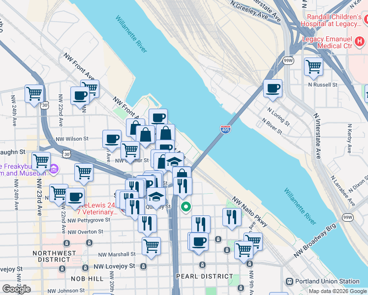 map of restaurants, bars, coffee shops, grocery stores, and more near 2140 Northwest 16th Avenue in Portland