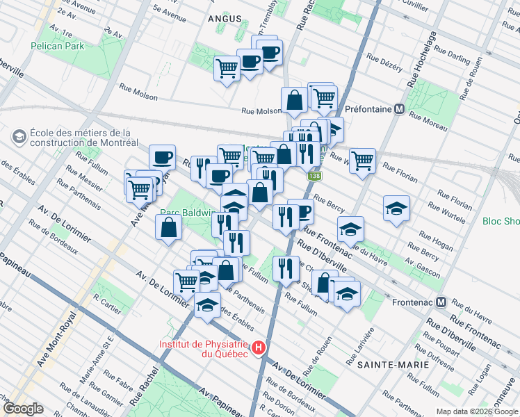 map of restaurants, bars, coffee shops, grocery stores, and more near 2525 Rue Rachel Est in Montreal