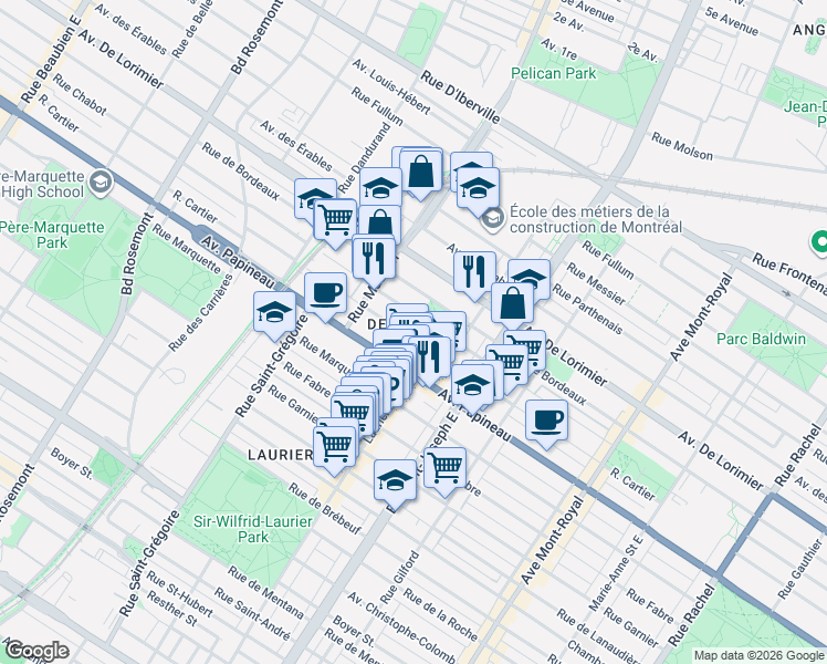 map of restaurants, bars, coffee shops, grocery stores, and more near 5185 Rue Cartier in Montréal