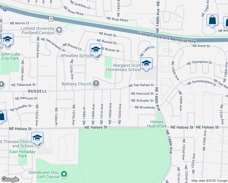 map of restaurants, bars, coffee shops, grocery stores, and more near 1919 Northeast 142nd Avenue in Portland