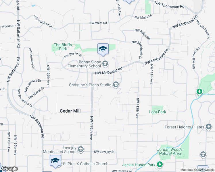 map of restaurants, bars, coffee shops, grocery stores, and more near 2425 Northwest Byrne Terrace in Portland