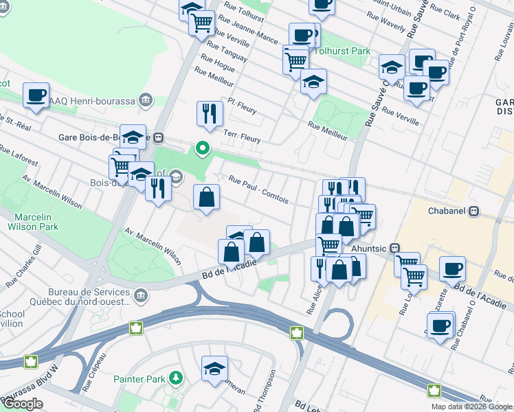 map of restaurants, bars, coffee shops, grocery stores, and more near 10205 Avenue de Bois-de-Boulogne in Montrã©Al