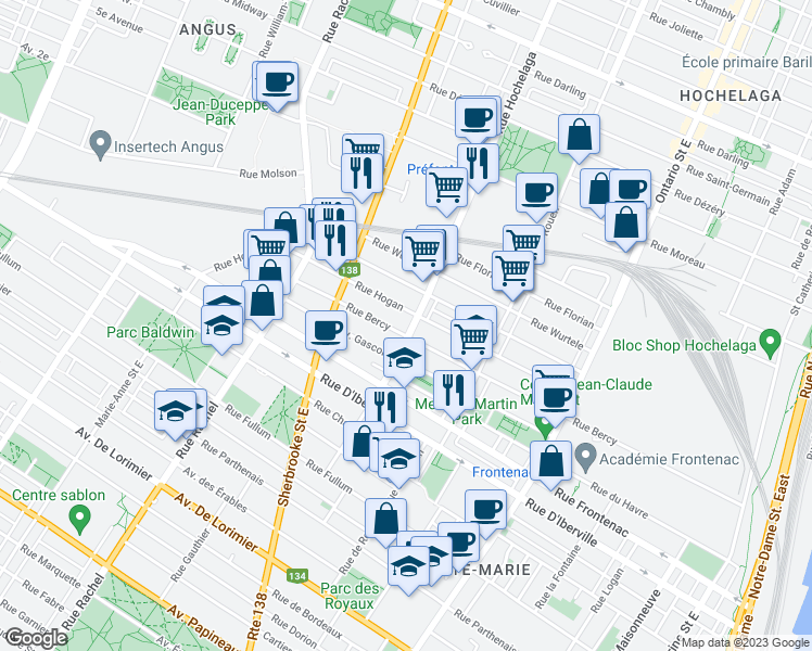 map of restaurants, bars, coffee shops, grocery stores, and more near 2717 Rue Hochelaga in Montréal