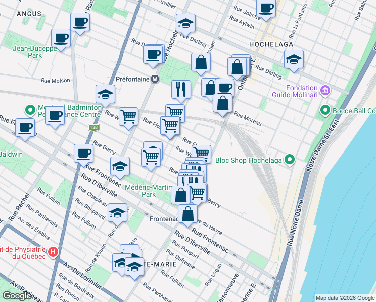 map of restaurants, bars, coffee shops, grocery stores, and more near 2127 Rue Wurtele in Montréal
