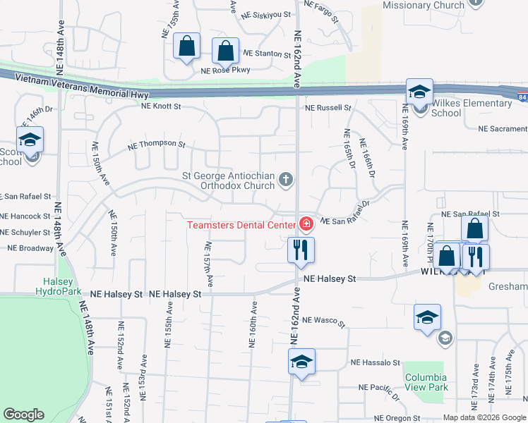 map of restaurants, bars, coffee shops, grocery stores, and more near 16011 Northeast Hancock Street in Portland