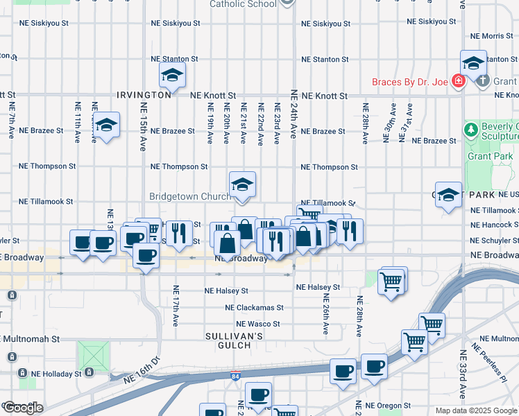 map of restaurants, bars, coffee shops, grocery stores, and more near 2021 Northeast 22nd Avenue in Portland