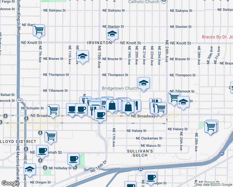 map of restaurants, bars, coffee shops, grocery stores, and more near 1734 Northeast Tillamook Street in Portland