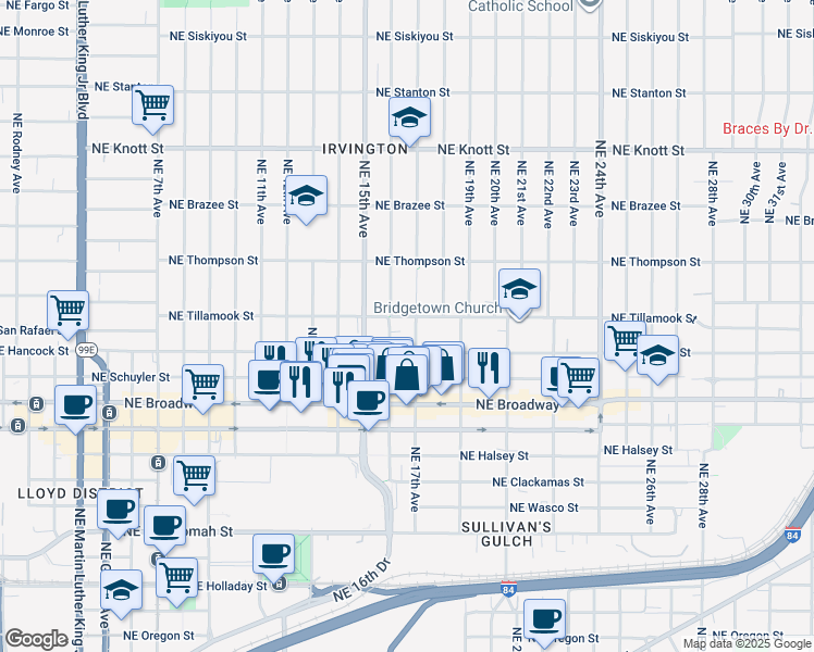 map of restaurants, bars, coffee shops, grocery stores, and more near 2004 Northeast 16th Avenue in Portland