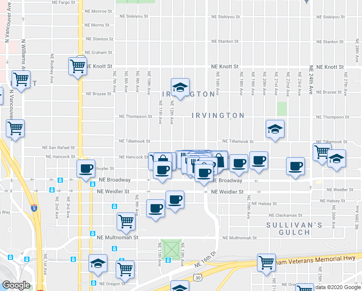 map of restaurants, bars, coffee shops, grocery stores, and more near 2007 Northeast 14th Avenue in Portland