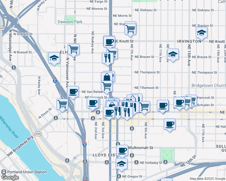 map of restaurants, bars, coffee shops, grocery stores, and more near 1900 Northeast Martin Luther King Junior Boulevard in Portland