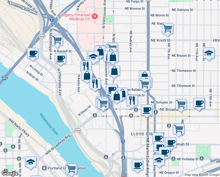 map of restaurants, bars, coffee shops, grocery stores, and more near 1931 North Williams Avenue in Portland