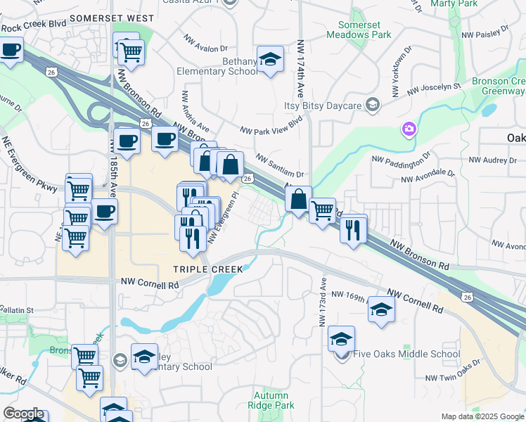 map of restaurants, bars, coffee shops, grocery stores, and more near 17981 Northeast Evergreen Parkway in Beaverton
